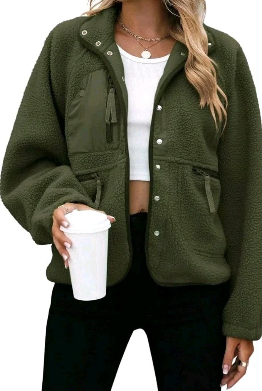 Yanekop Womens Fleece Jacket Fuzzy Long Sleeve Short Button Down Size XL